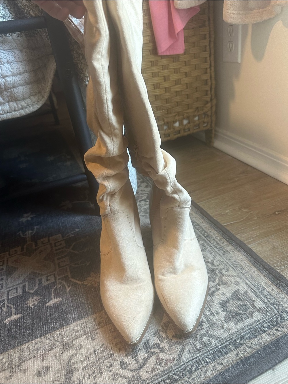 Amazon Cream Knee-High Slouch Suede Heeled Boots